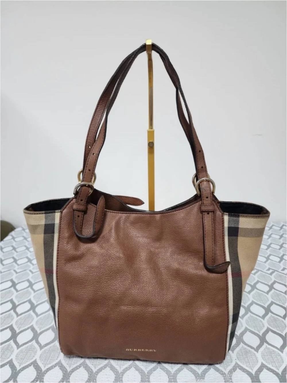 Authentic BURBERRY Leather And House Check Canvas Small Canterbury Tote Bag Brow